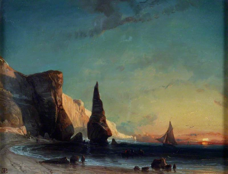 Eugène Lepoittevin-39-Rocky Coast near Le Havre, Sunset - 1570-1869 - Victoria and Albert Museum